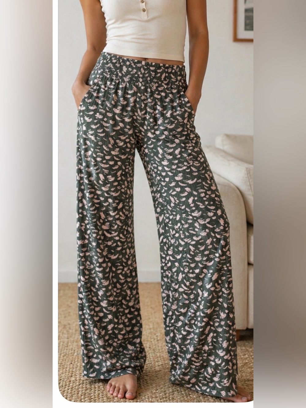 entro Olive Green Wide-Leg falling leaf print Pants NWT size Large - Picture 1 of 9